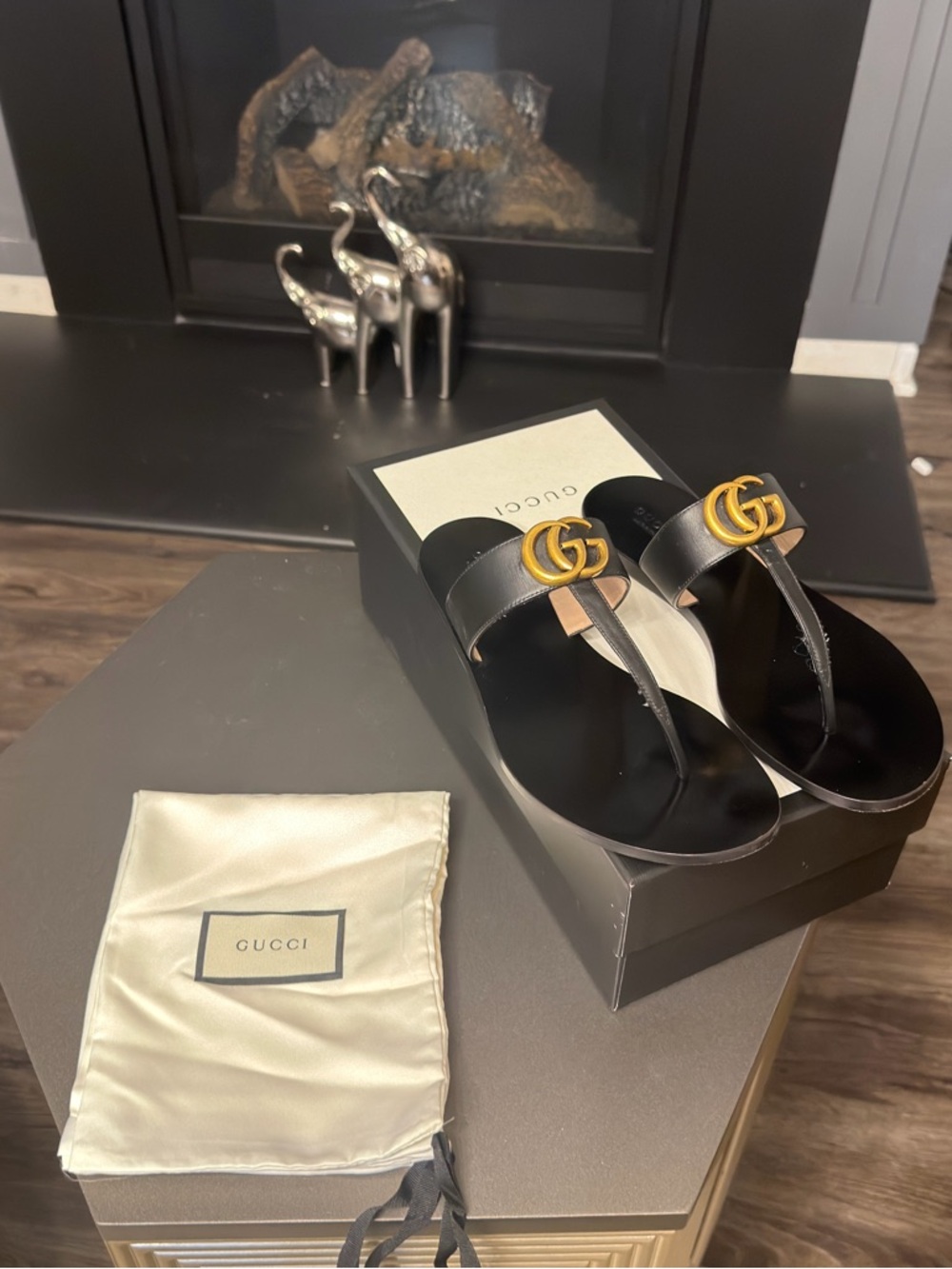 Gucci Black Leather Sandal with Gold Double G